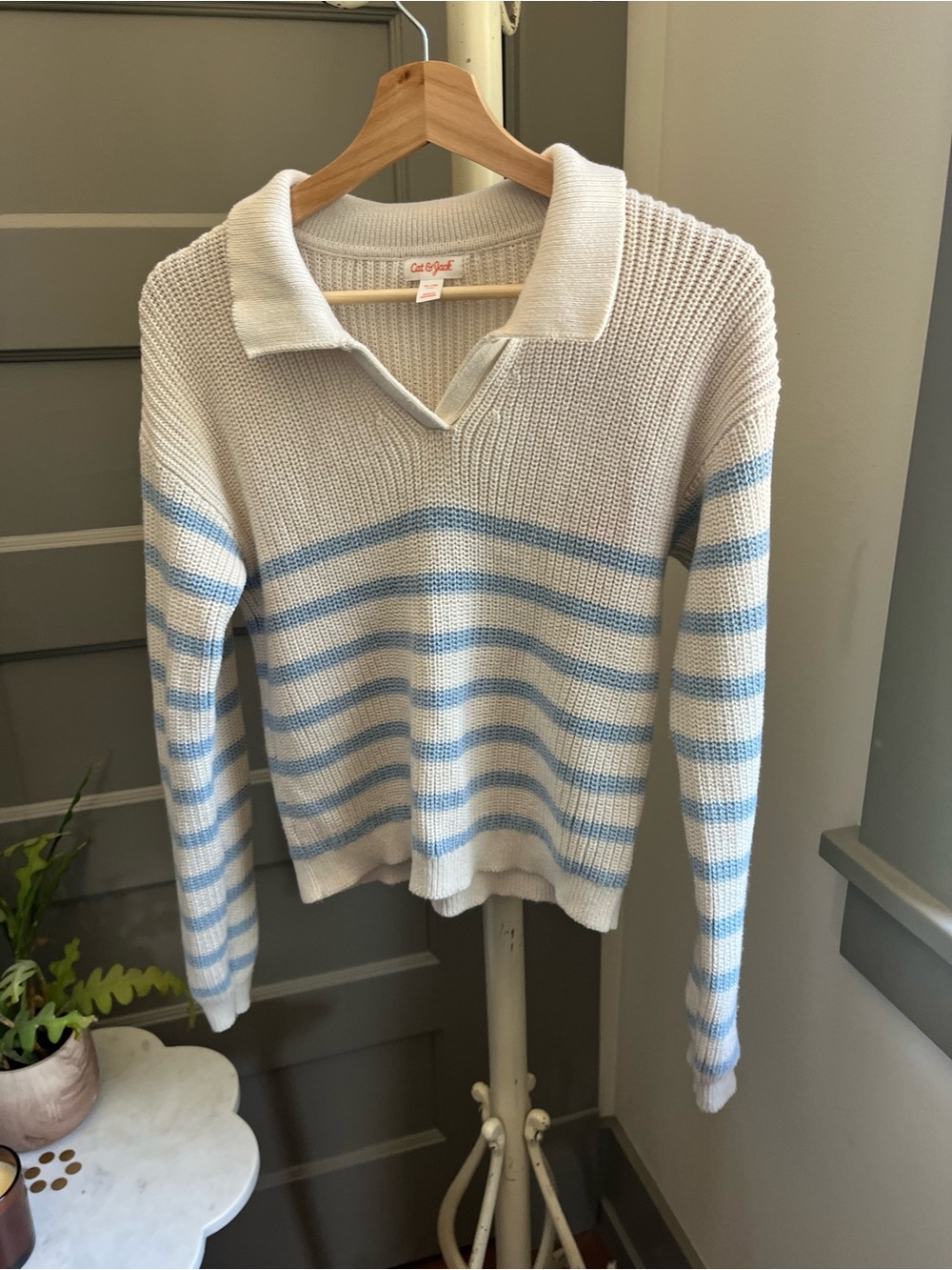 Cat & Jack Cream Sweater with Light Blue Stripes - V-Neck Polo Collar